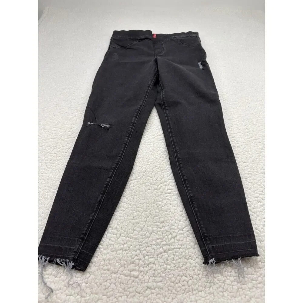 Spanx Jeans Womens L‎ Black Distressed Ankle Skinny High Rise Raw Hem Stretch